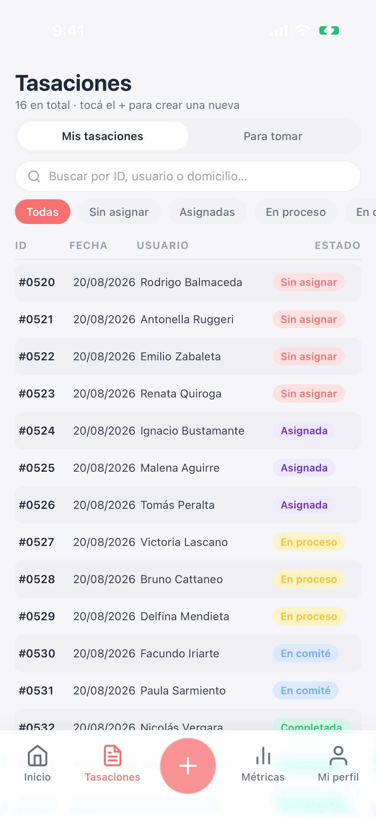 Bandeja de trabajo del tasador en el teléfono, con las tasaciones y su estado