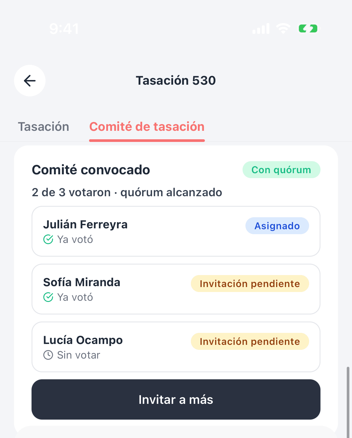 Comité convocado con quórum alcanzado y el estado de voto de cada matriculado