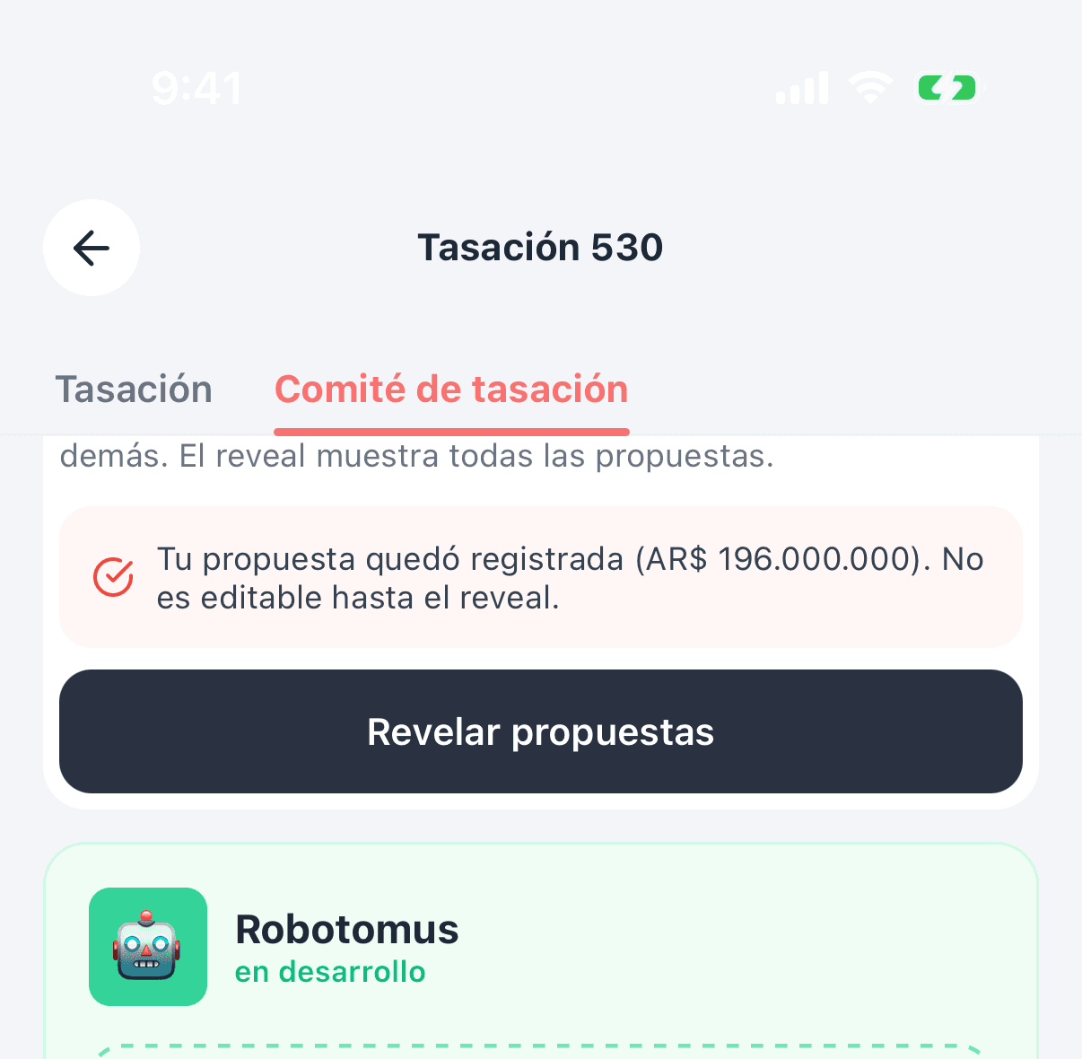 Aviso de que la propuesta quedó registrada y no es editable hasta el reveal